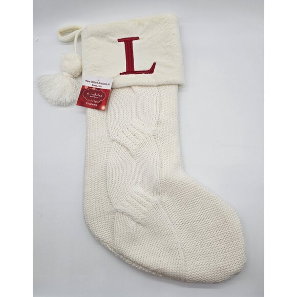 Christmas Stocking St. Nicolas Square Ivory Initial Monogram Letter "L" Faux Fur - Picture 1 of 10